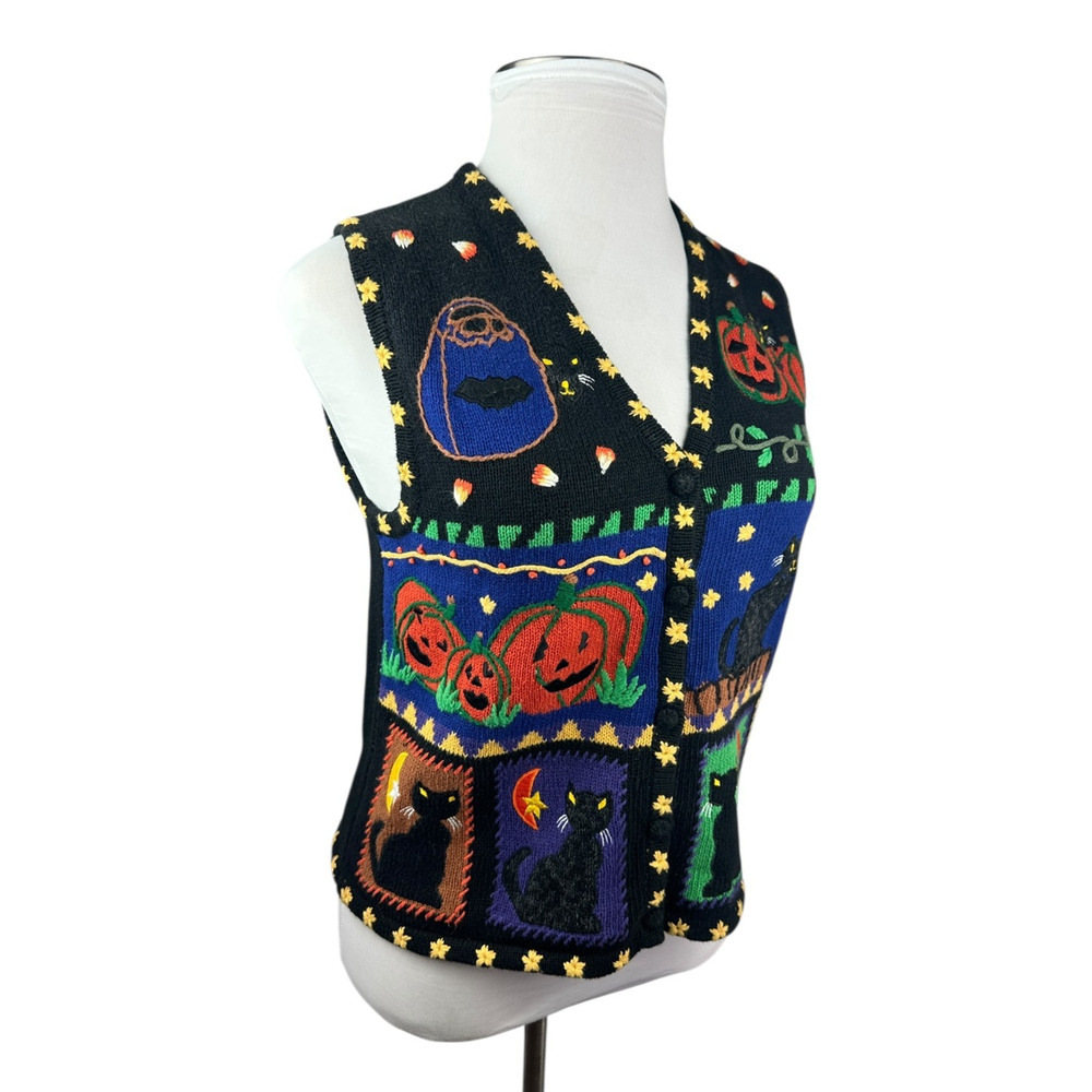 Hampshire Studio BOO! Halloween Sweater Vest Embroidered Pumpkin Black Cat M - Picture 2 of 15